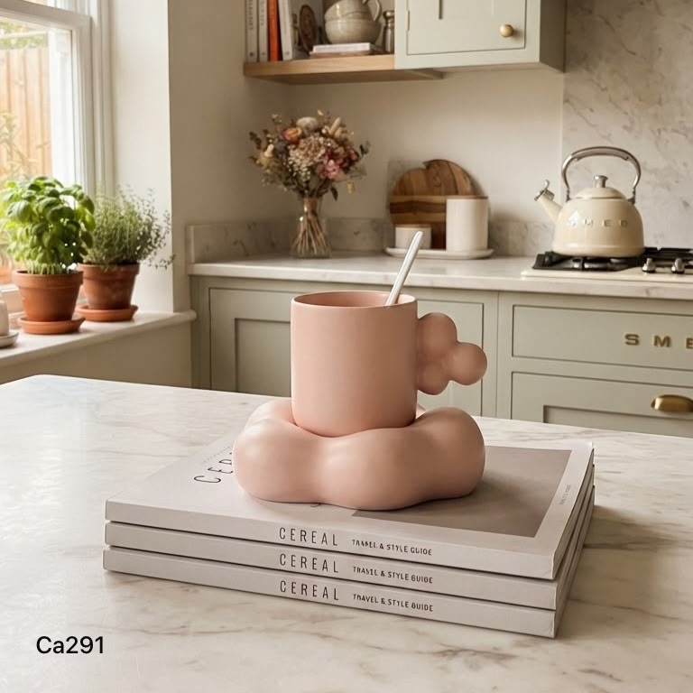 Taza plato burbuja rosado manija 3 bolas ceramica 280ml